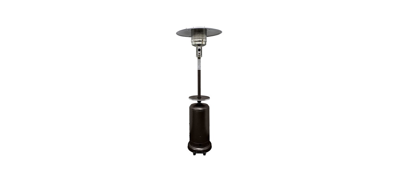 A brown patio heater with a cylindrical bottom and a lantern-type top