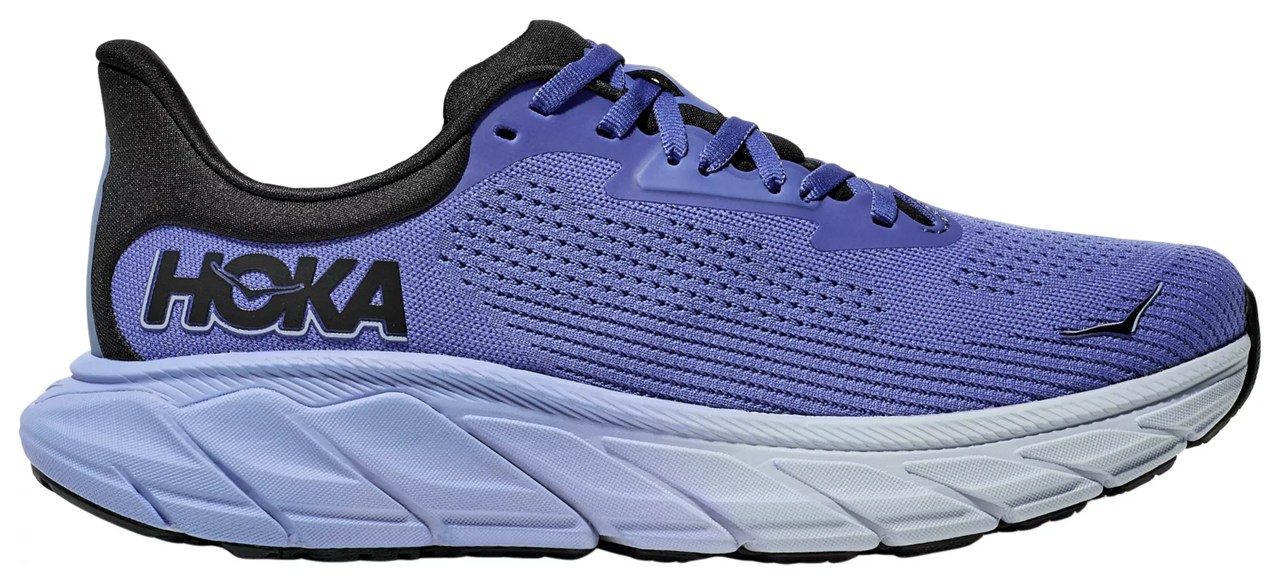 A blue Hoka sneaker with lavender and black accents. 