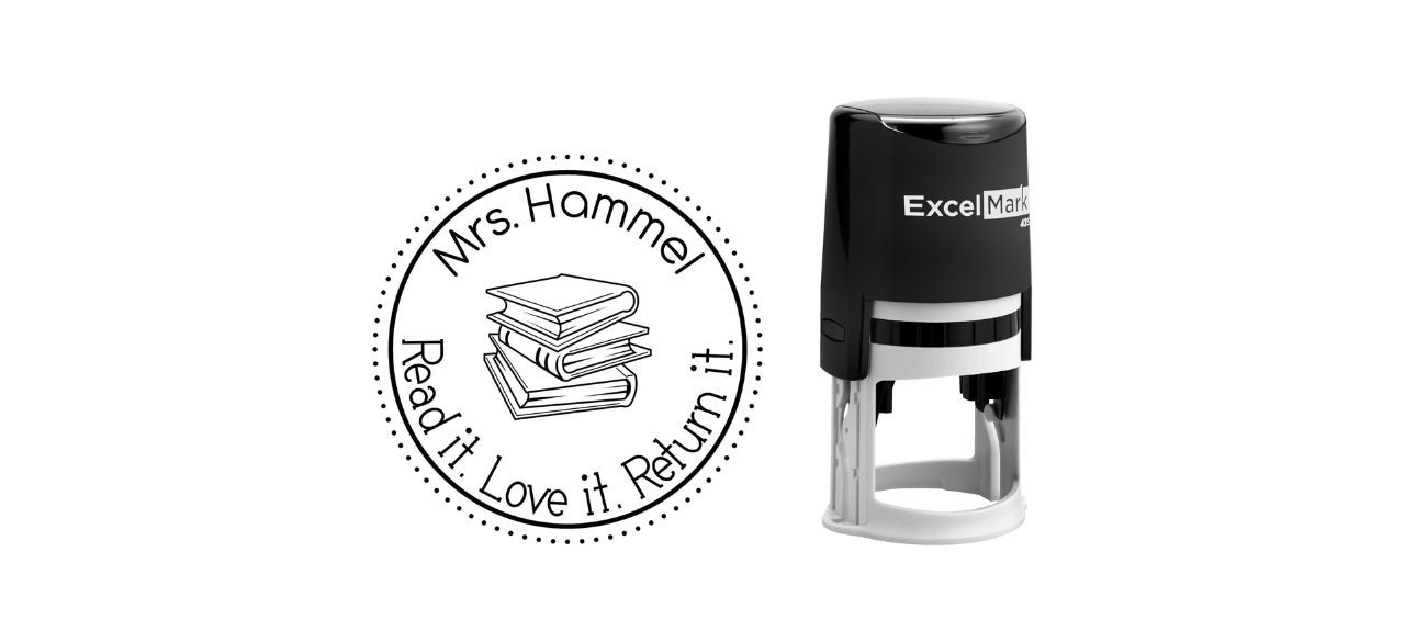 ExcelMark Round Self-Inking Teacher Stamp next to example stamp, which says, 