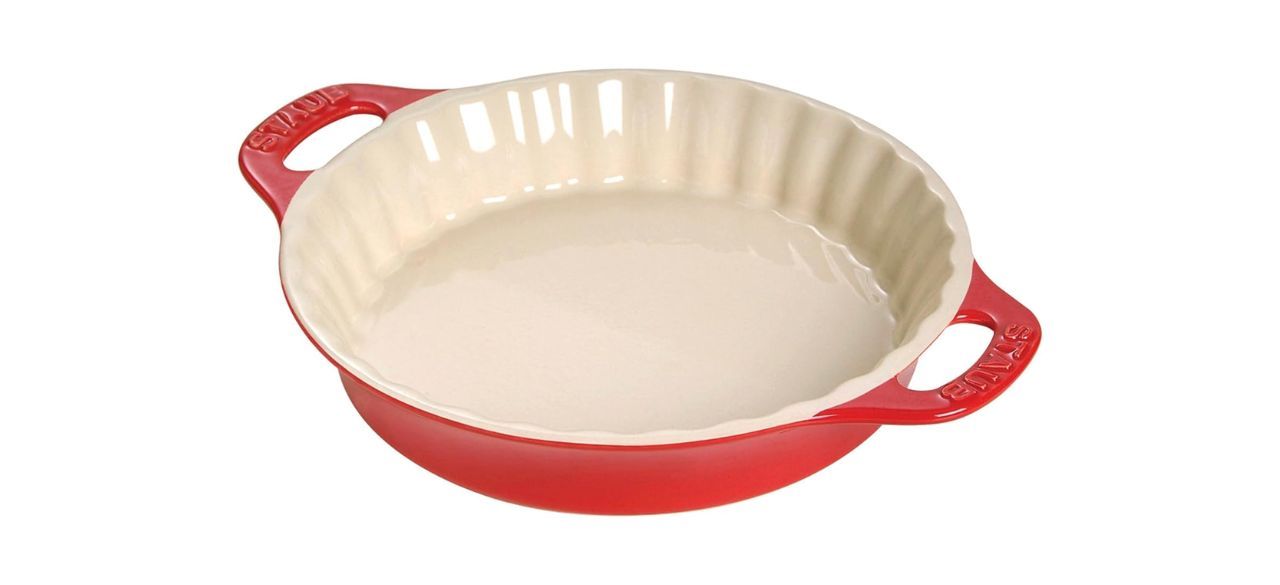 Staub Ceramic 9-inch Pie Dish on white background, in color "cherry"