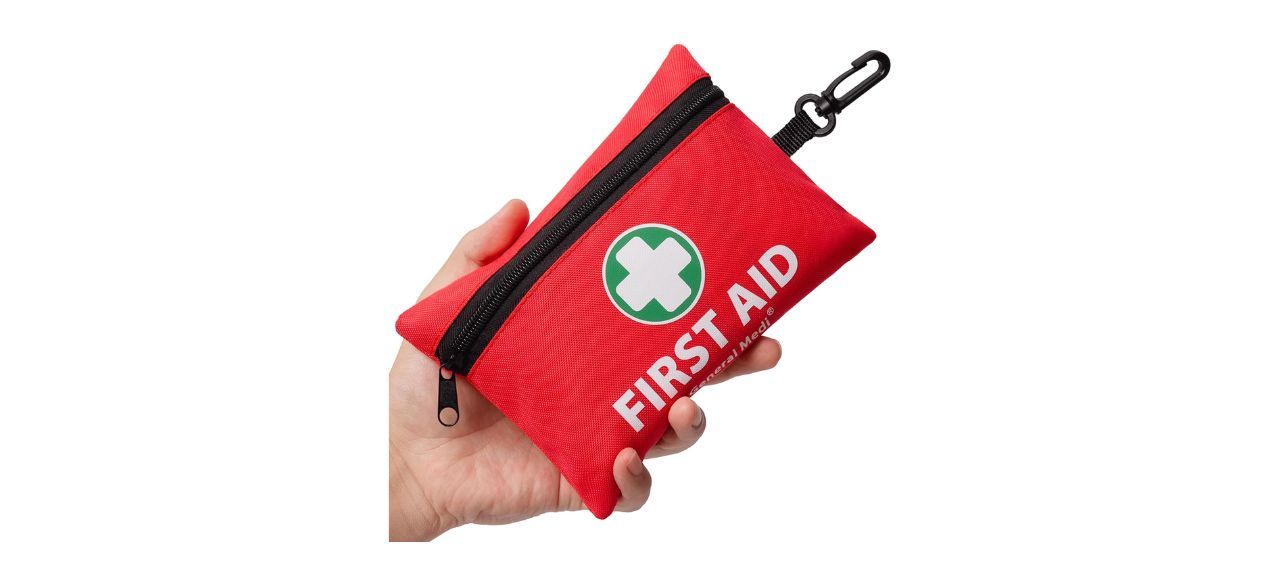 hand holding small red mini first aid kit bag