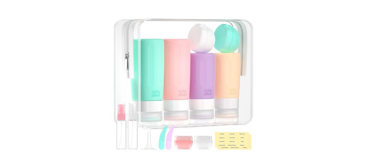 small toiletry containers in clear plastic zipper-closed bag