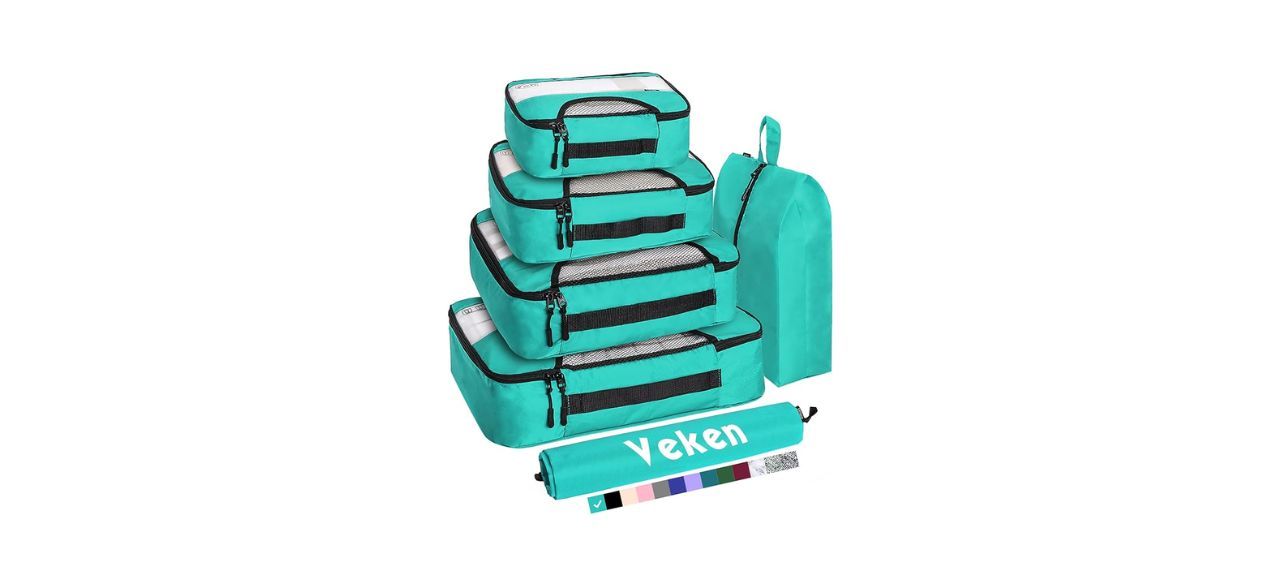 6 differently sized packing cubes for a suitcase (cyan color)