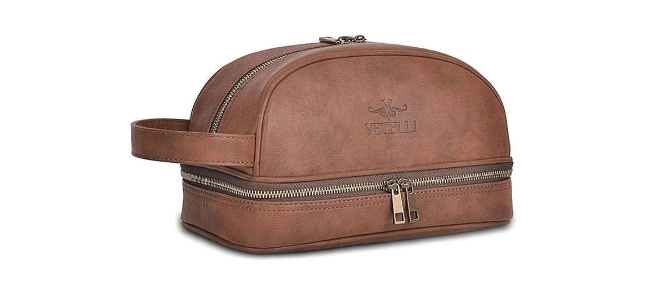 brown Vetell Classic Men's Leather Toiletry Bag on white background