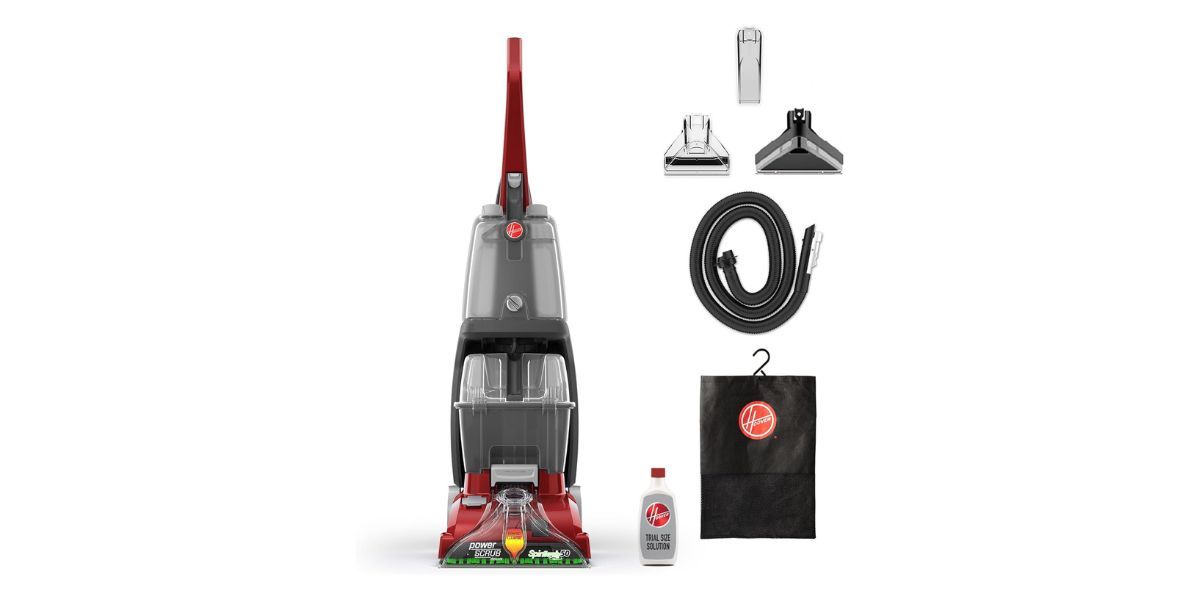 a red and gray carpet cleaner with attachments