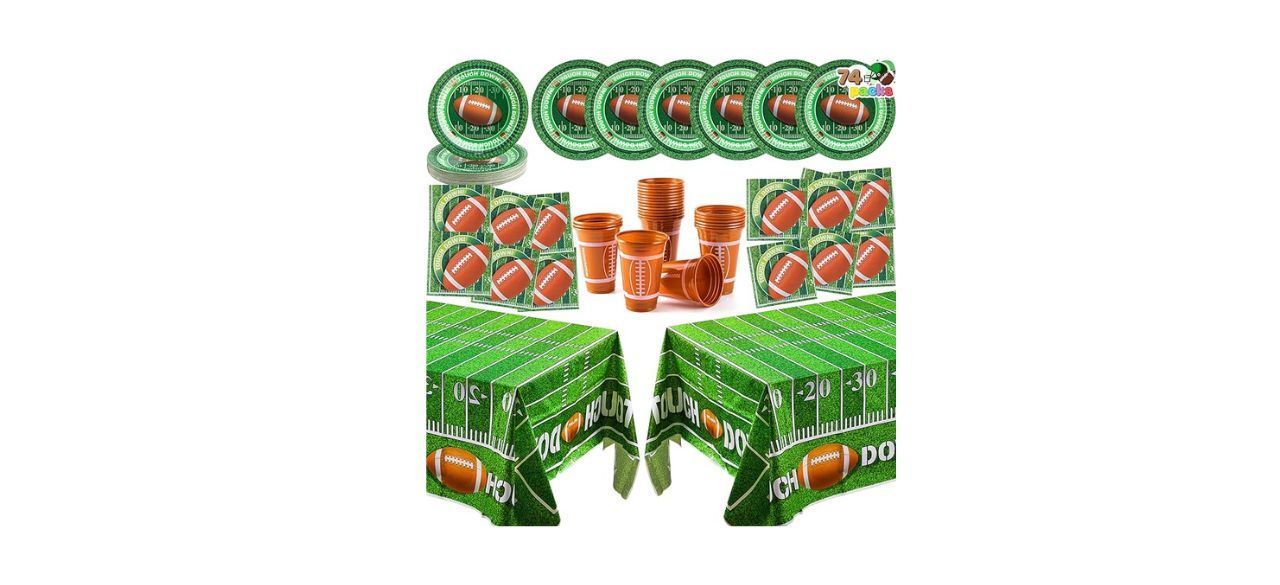 74-pack of football-themed cups, napkins, plates and table runners 