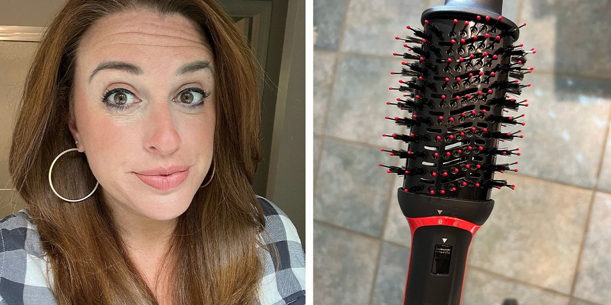 Collage showing person with styled hair on left side and Revlon Hair Dryer Brush on right