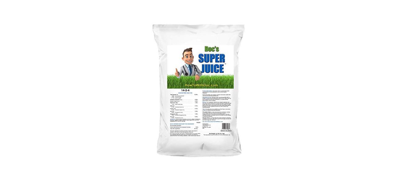 A white bag of lawn fertilizer with ingredients listed on the front