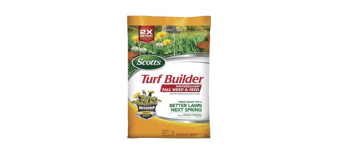 A yellow bag of grass fertilizer to help your lawn during the winter