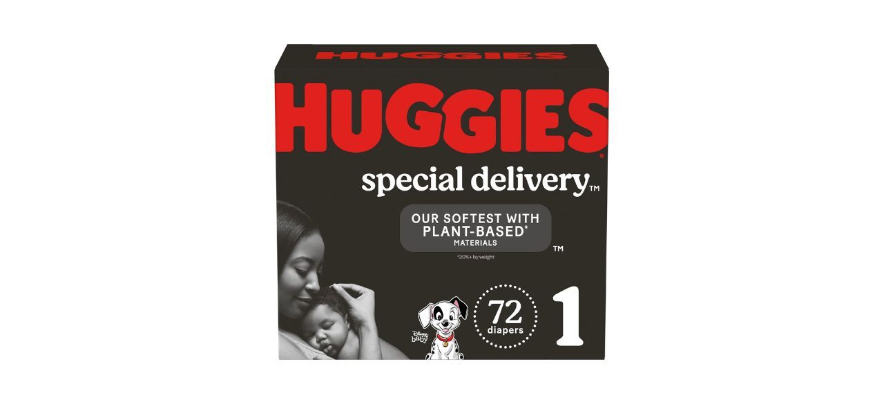 Box of Huggies hypoallergenic plant-based diapers