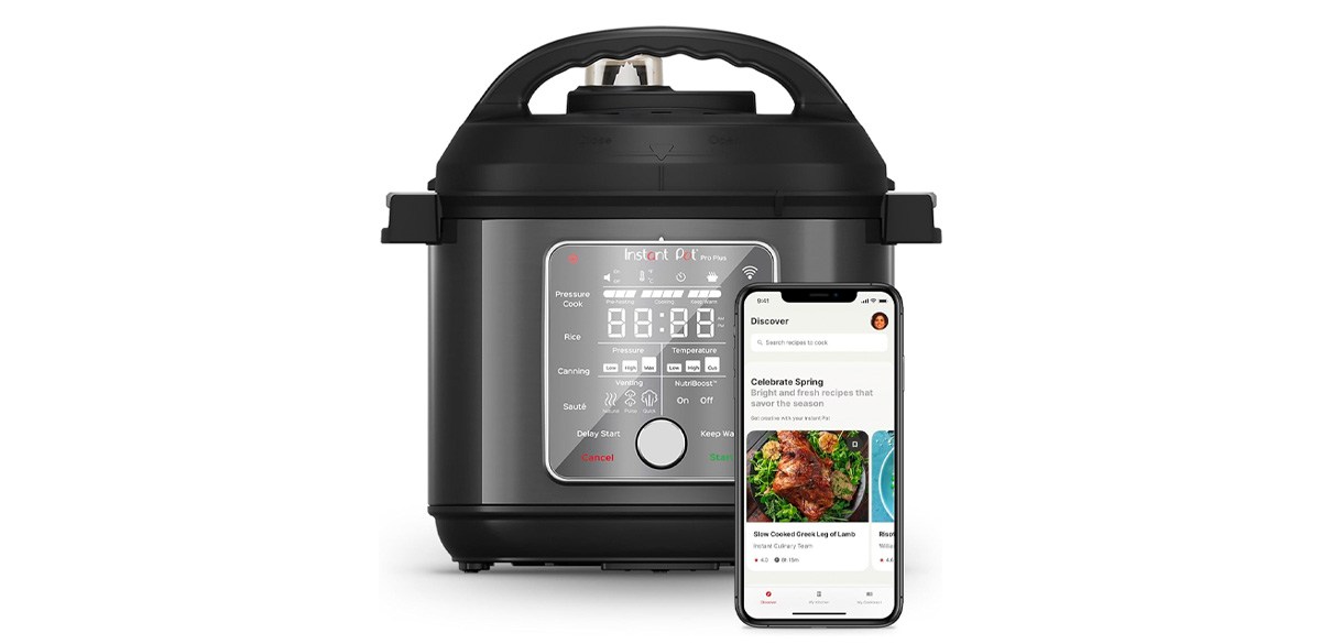 Instant Pot Pro Plus with phone showing app on white background