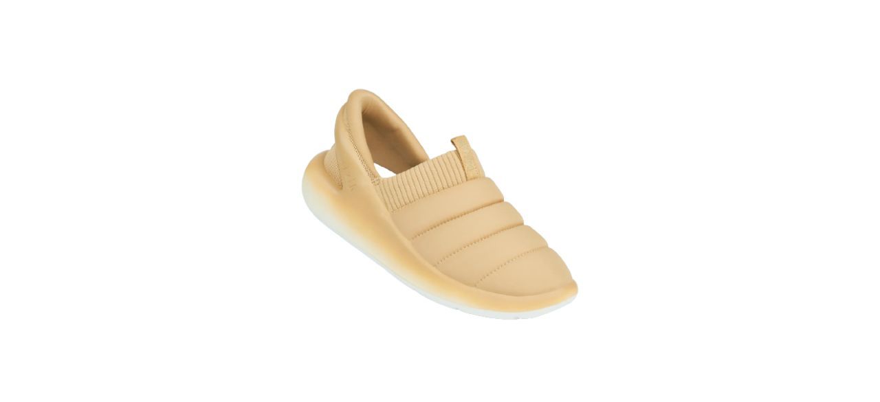 slip-on style shoes that look puffy like marshmallows. They are tan.