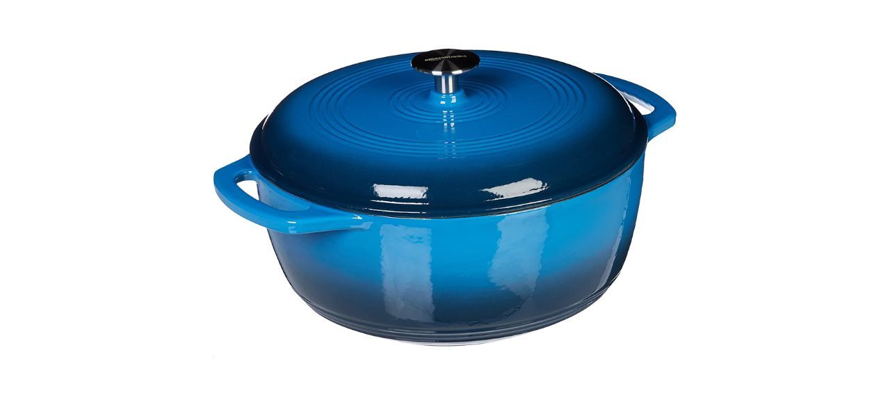a bright blue round enameled cast-iron Dutch oven with handles on the side and a lid on top