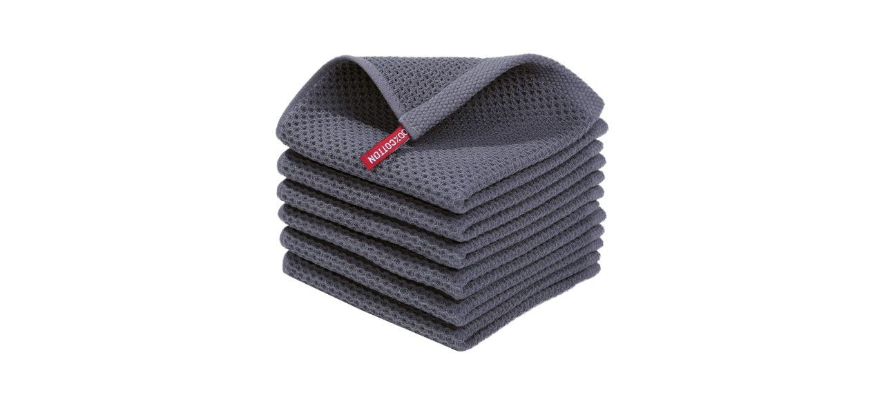 Six dark gray cotton dish cloths with a waffle weave pattern