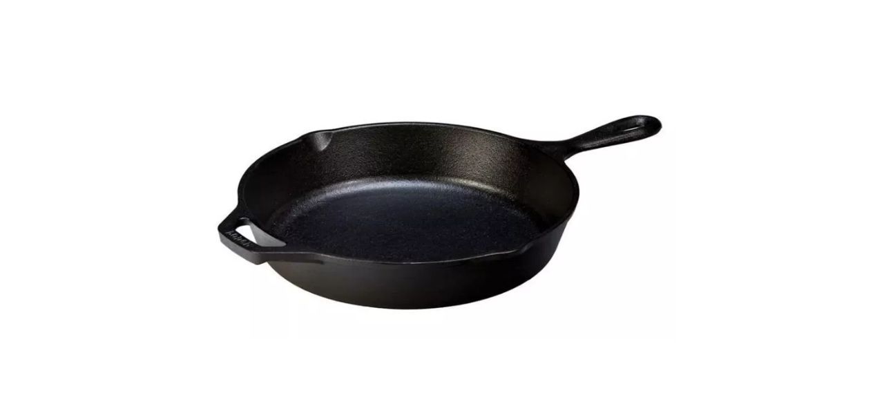 a black cast-iron skillet with a handle but no lid