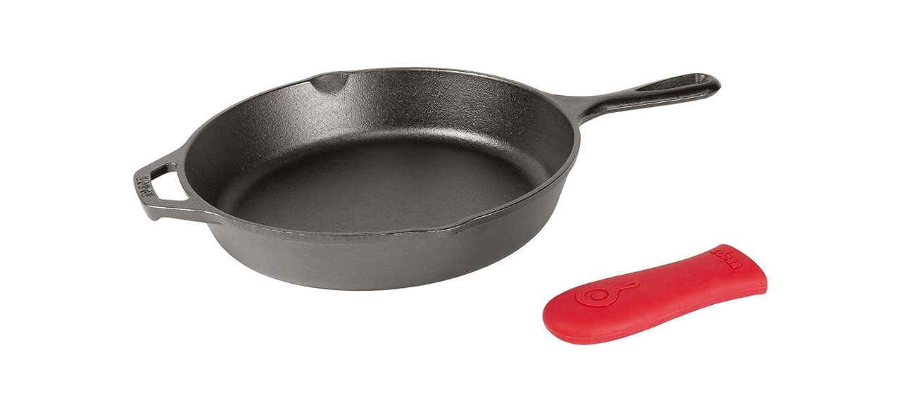 A black cast-iron skillet with no lid. It includes a red silicone sleeve to put over the handle.