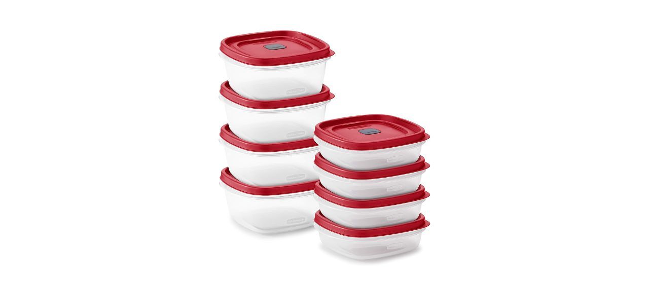Eight Tupperware food storage containers with lids that have steam vents