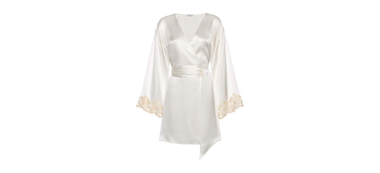 white La Perla Maison Silk Satin Robe with beige lace trim on white background