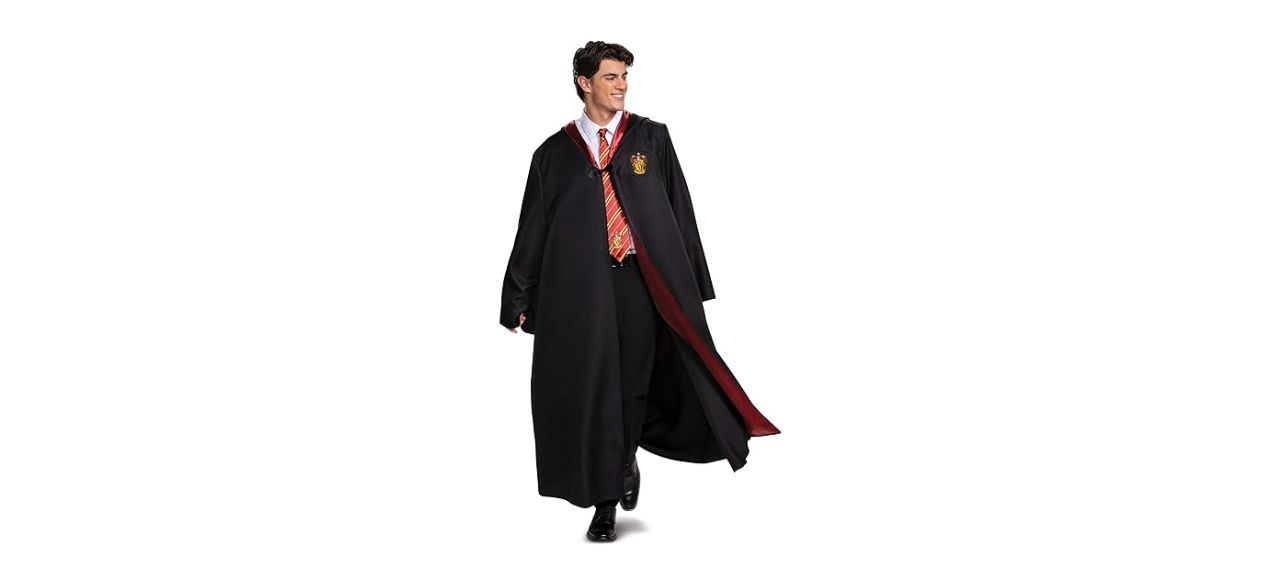 adult man wearing Gryffindor-themed Hogwarts robes costume