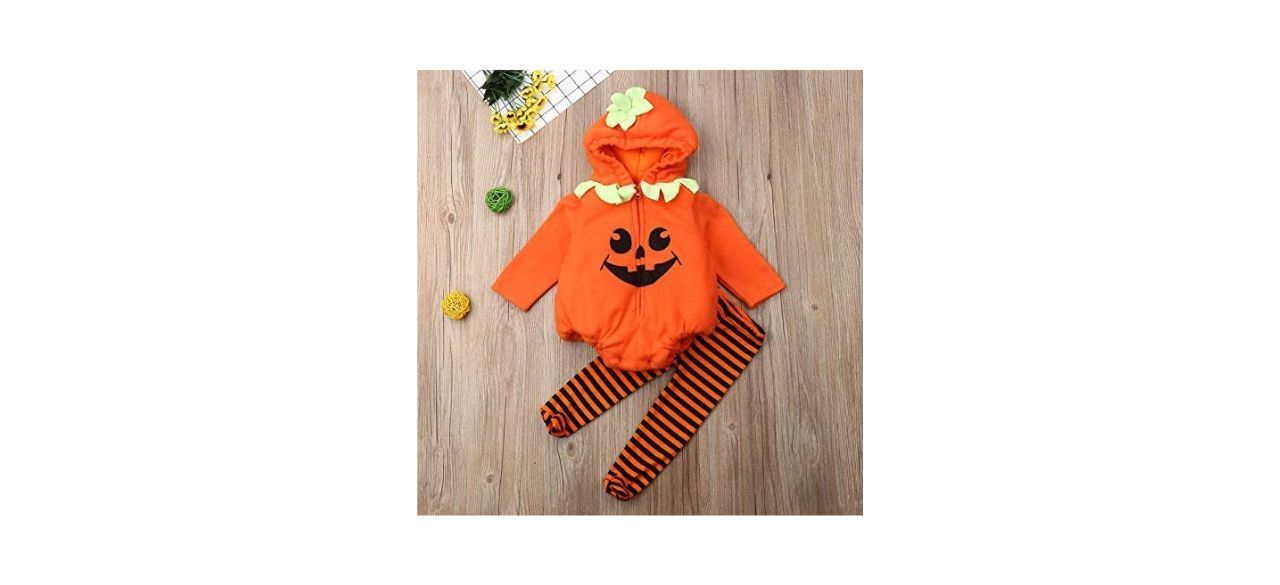 A baby-sized pumpkin hoodie and orange and black striped leggings