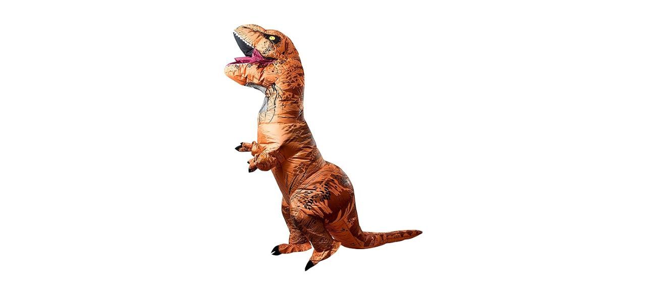 adult wearing inflatable T. rex dinosaur costume