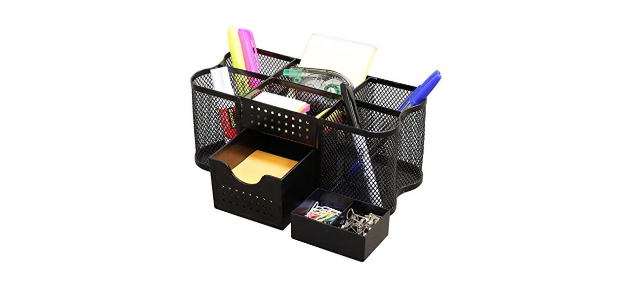 A black organizer caddy for desk supplies