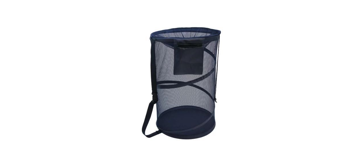 a blue, circular pop-up laundry hamper