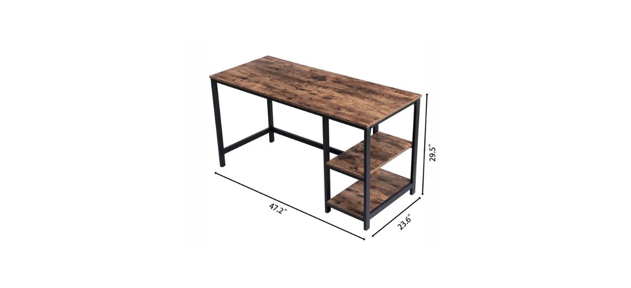 a wooden desk with black metal legs