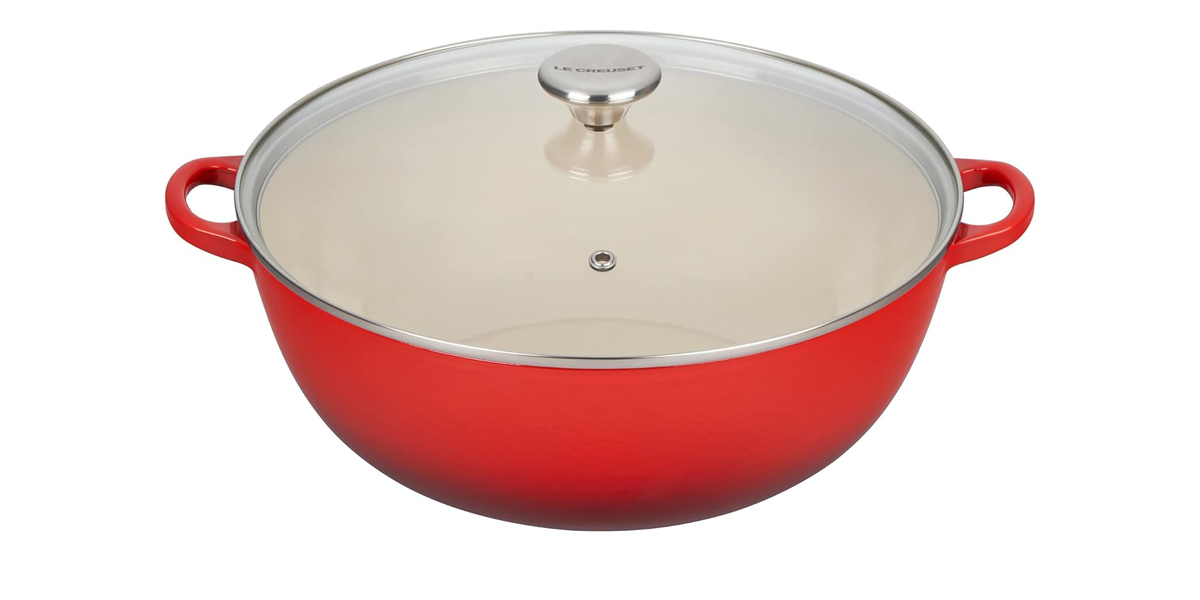 Le Creuset with glass lid on white background