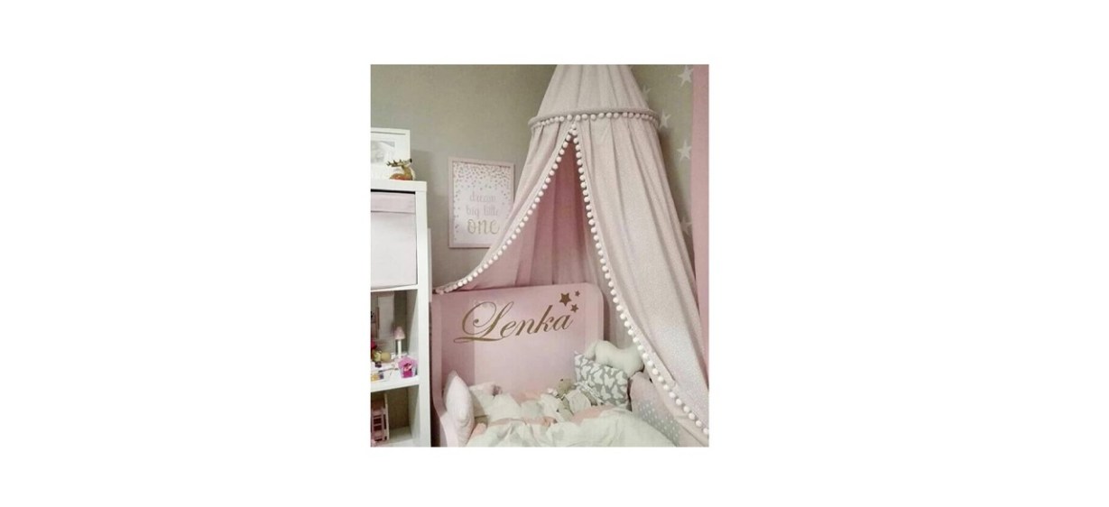 LOAOL Kids Bed Canopy with Pom Pom Hanging Crib Nook 