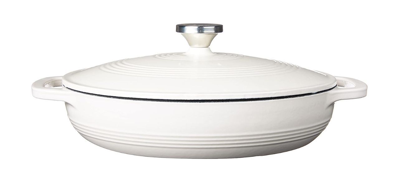 Lodge 3.6 Quart Enameled Cast Iron Oval Casserole dish in white with lid