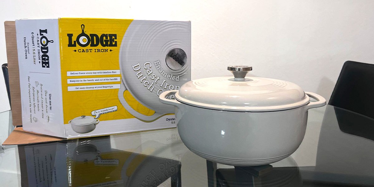 White Lodge 6-Quart Enameled Cast Iron Dutch Oven on counter next to product box