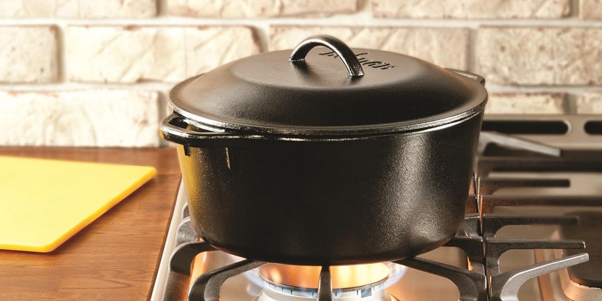 Black Lodge 7-Quart Cast Iron Dutch Oven on stovetop burner