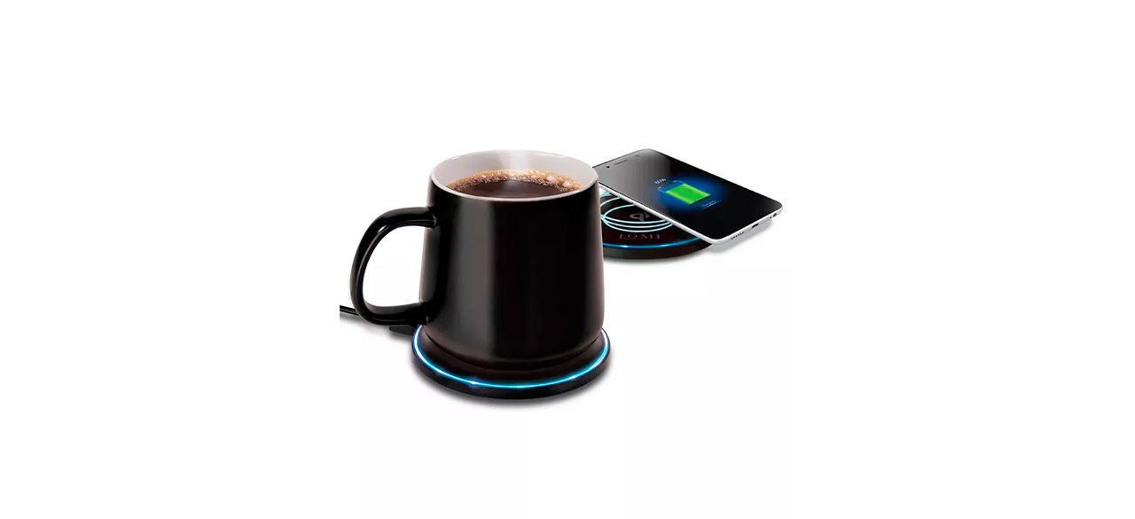 Lomi Smart Mug Warmer and Wireless Charging Pad on white background next to a smartphone