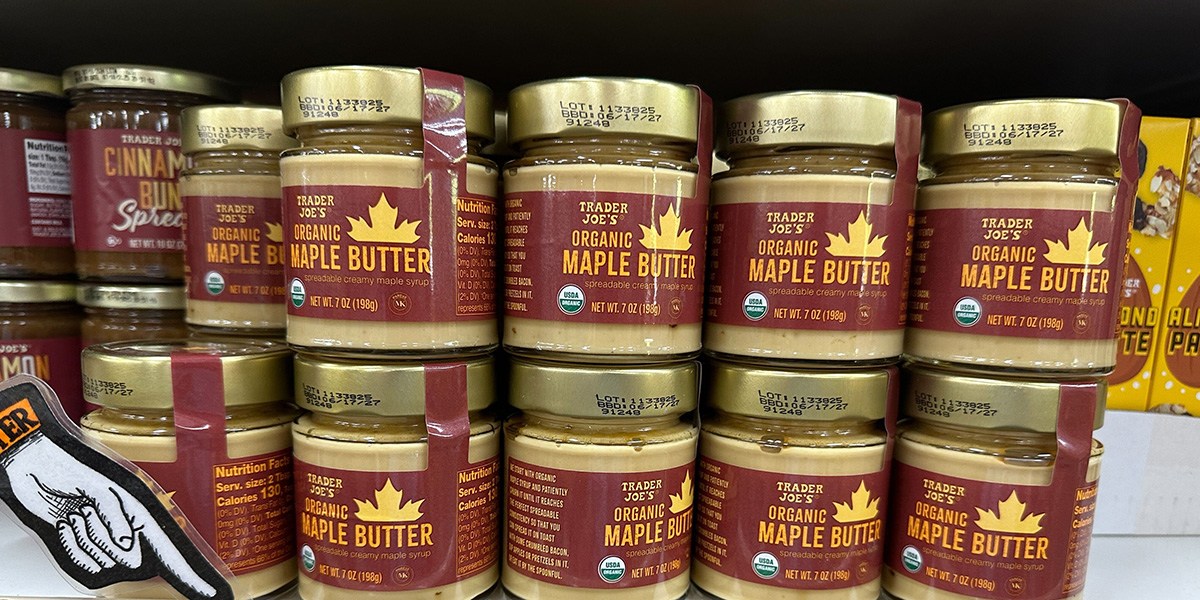 jars of Trader Joe's Maple Butter stacked on a shelf