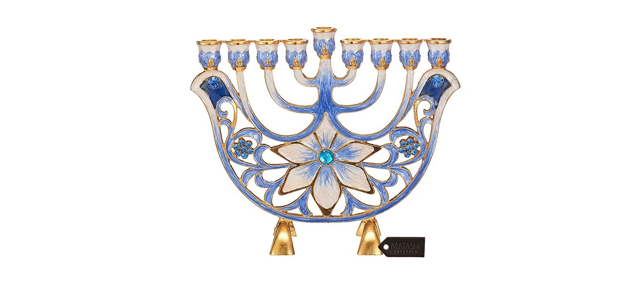 Matashi Hand Painted Ivory Menorah Candelabra Embellished with Gold Accents (Blue Flower)