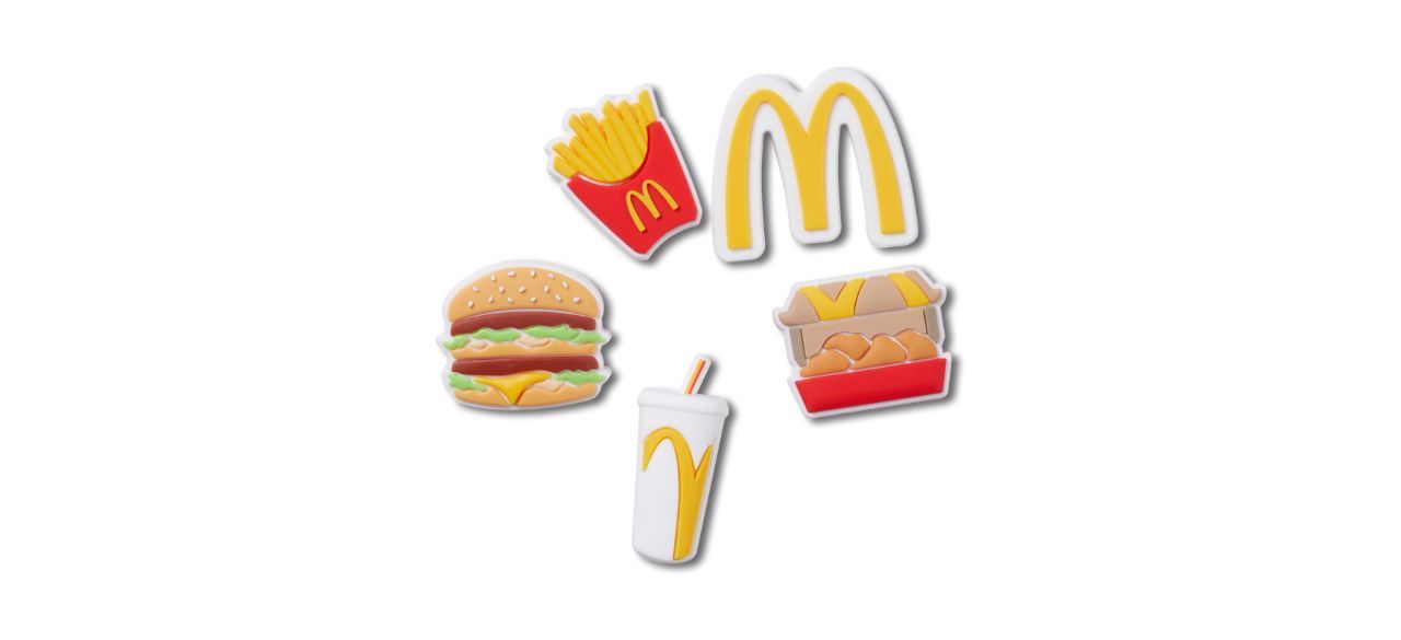 5 McDonald's-themed Jibbitz charms (burger, fries, M logo, nuggets box, drink)