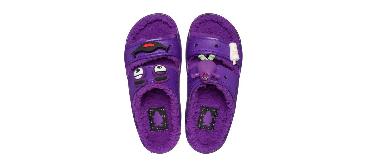 purple, Grimace-themed Crocs sandals with fuzzy insides