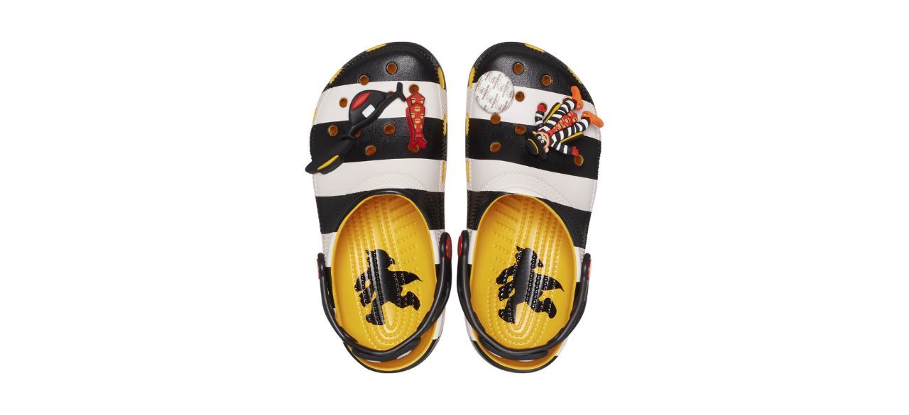 black and white striped clogs with yellow insides; Hamburglar-themed