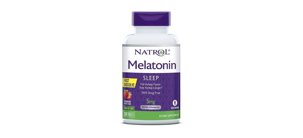 A white and purple bottle of melatonin tablets, 5 milligrams each. 200 tablets are inside.