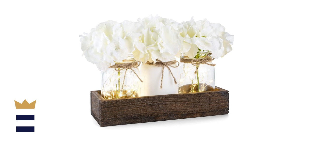 Mkono Lighted Floral Mason Jar Centerpiece Decorative Wood Tray with 3 Painted Jars