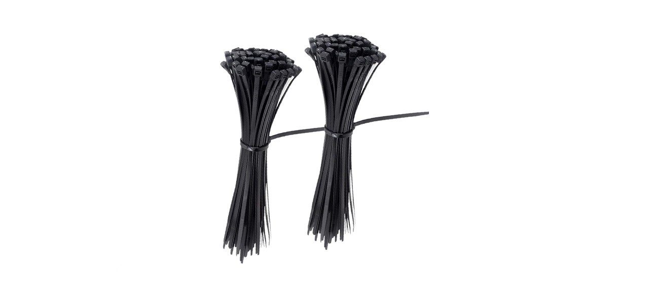 2 bundles of black zip ties on a white background