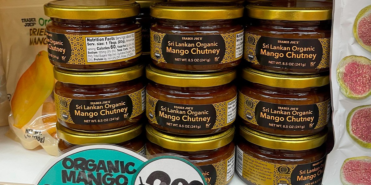 Jars of mango chutney on store shelf