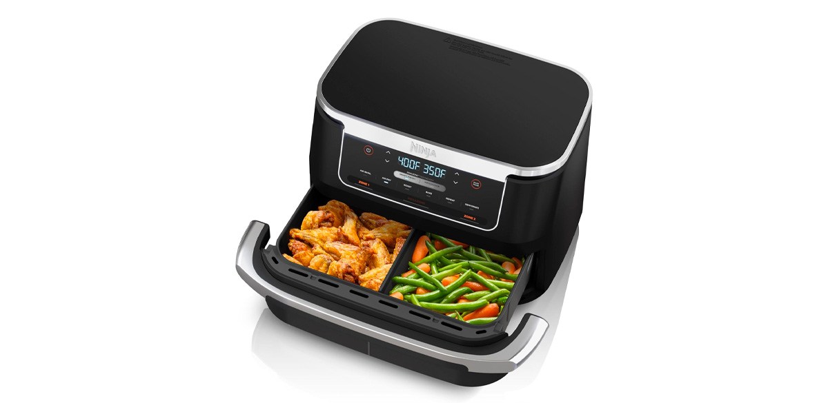 Black and silver Ninja Foodi 6-in-1 DualZone FlexBasket Air Fryer on white background