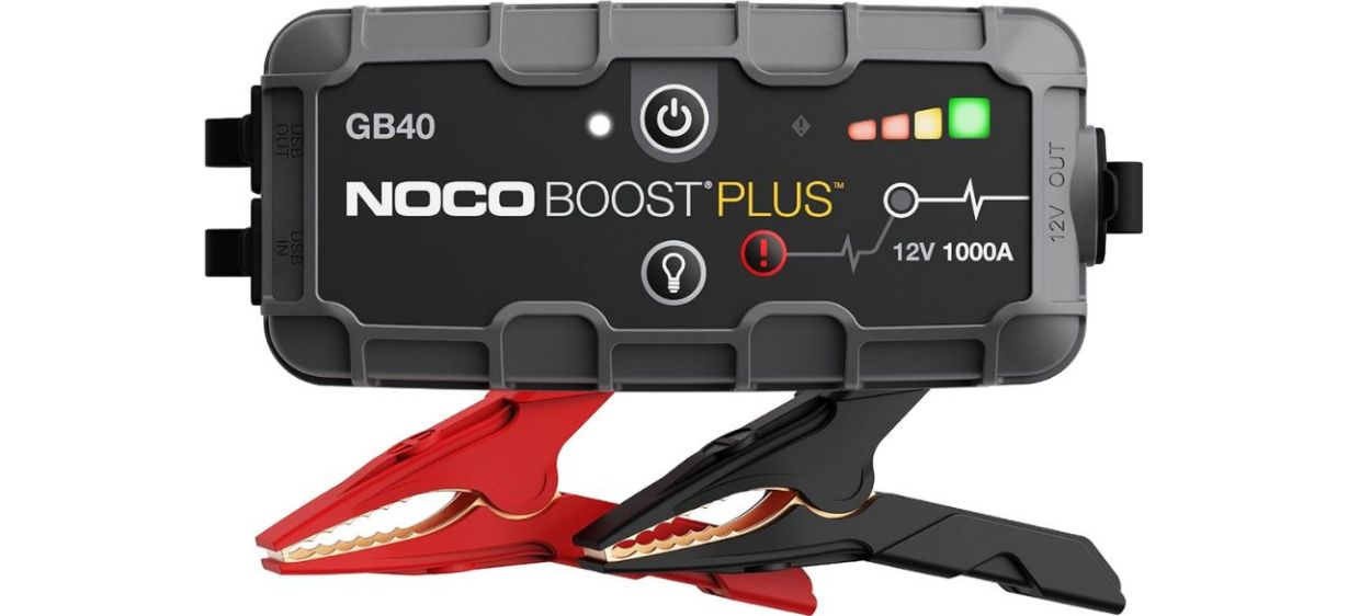 NOCO Boost Plus GB40 1000A UltraSafe Car Battery Jump Starter on white back NOCO Boost Plus GB40 1000A UltraSafe Car Battery Jump Starter on white back