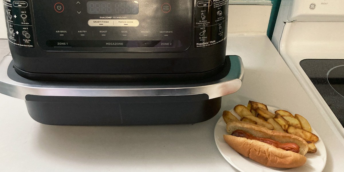 Hot dog on plate in front of black air fryer