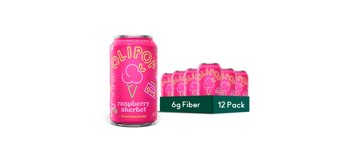 OLIPOP 6g Fiber Prebiotic Soda pack in raspberry sherbet flavor with pink packaging
