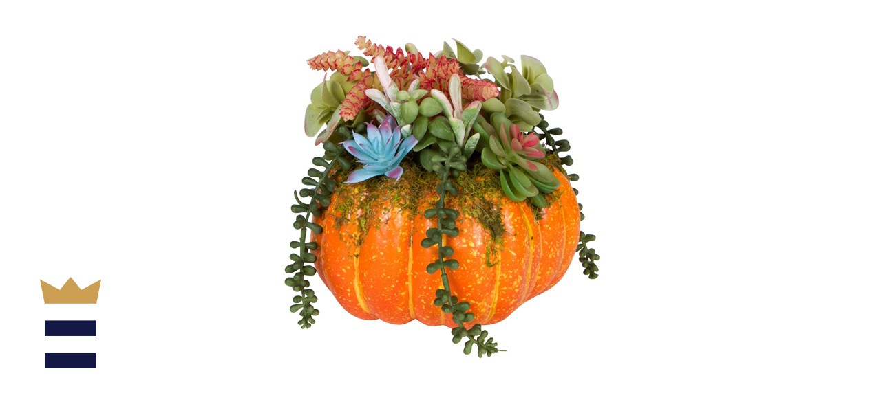 One Holiday Way Orange Faux Pumpkin with Succulents Fall Table Decoration