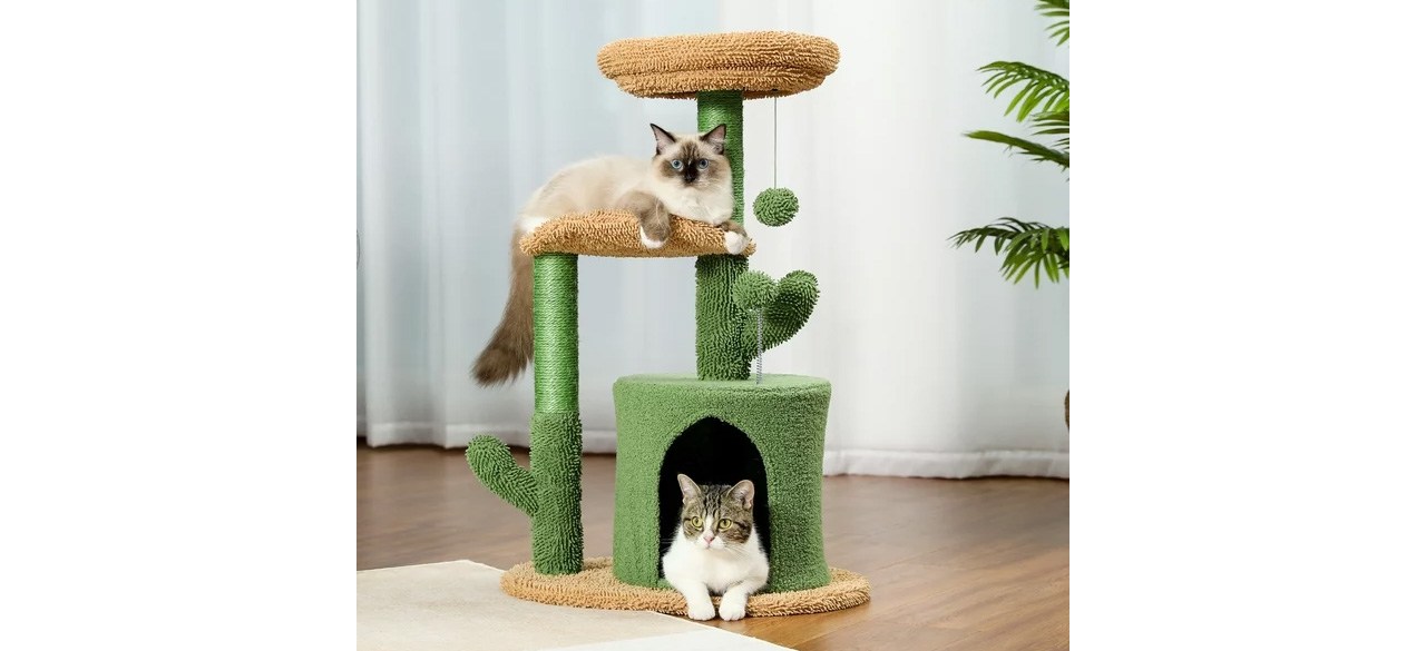 Two cats sitting on PAWZ Road Cat Tree Tower