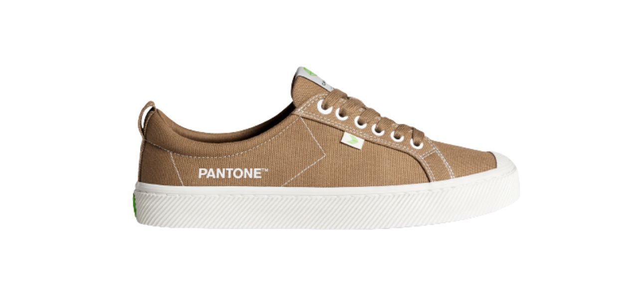 Tan low canvas sneakers with the Pantone logo on them